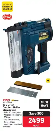 Makro RYOBI 18 V Li-ion Cordless Nailer Stapler Gun offer