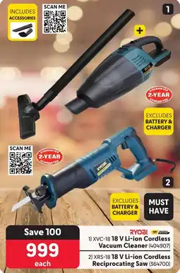 Makro RYOBI 18 V Li-ion Cordless Vacuum Cleaner OR 18 V Li-ion Cordless Reciprocating Saw offer