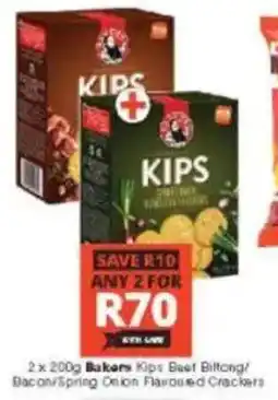 Checkers Bakers Kips Beef Biltong/ Bacon/ Spring Onion Flavoured Crackers offer