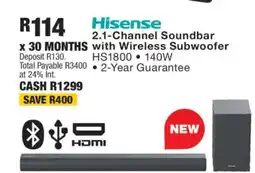 OK Furniture Hisense 2.1 Channel Soundbar With Wireless Subwoofer offer