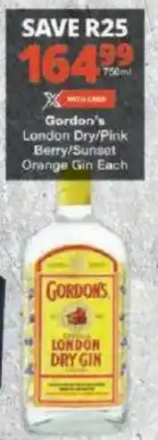 Checkers Gordon's London Dry/ Pink Berry/ Sunset Orange Gin offer