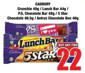 Boxer CADBURY Crunchie/ Lunch Bar/ P.S. Chocolate Bar/ 5 Star Chocolate/ Astros Chocolate Box offer