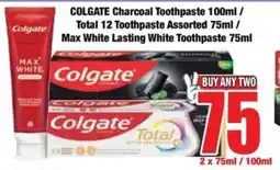 Boxer COLGATE Charcoal Toothpaste/ Total 12 Toothpaste Assorted/ Max White Lasting White Toothpaste offer