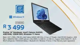 Computer Mania Proline 14" Notebook, Intel Celeron N4020, 4GB RAM, 128GB SSD, Windows 11 Home offer