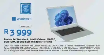 Computer Mania Proline 14" Notebook, Intel Celeron N4020, 8GB RAM, 256GB SSD, Windows 11 Home offer