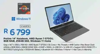 Computer Mania Proline 14" Notebook, AMD Ryzen 7-5700U, 8GB RAM, 256GB SSD, Windows 11 Home offer