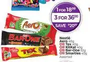 Dis-Chem Nestle Aero 40g Or Tex 40g Or Kitkat 40g Or Bar One 52g Pr Smarties 40g-For 1 offer
