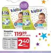Dis-Chem Baby Things Nappies 50 Pack Sizes 1-4-Per Pack offer