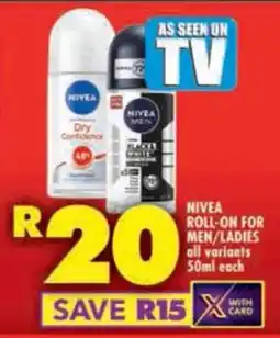 Shoprite Nivea roll-on for men/ ladies all variants offer