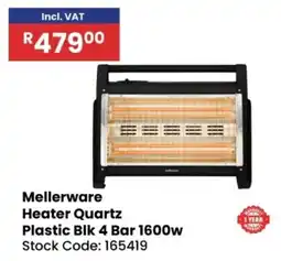 Africa Cash and Carry Mellerware Heater Quartz Plastic Blk 4 Bar 1600w offer