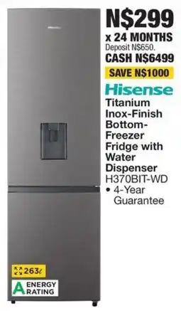 OK Furniture Hisense Titanium Inox-Finish Bottom Freezer Fridge with Water Dispenser offer
