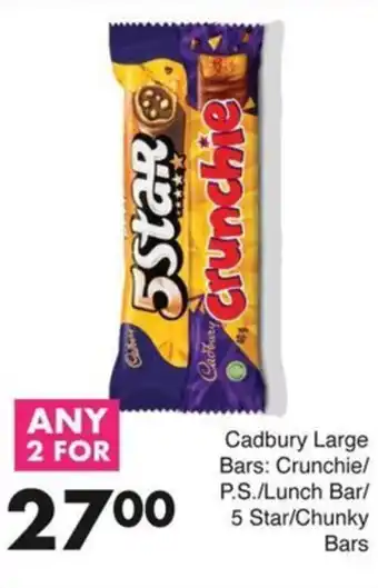 Save Cadbury Large Bars Crunchie/ P.S./ Lunch Bar/ 5 Star/ Chunky Bars offer