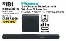 OK Furniture Hisense 3.1-Channel Soundbar with Wireless Subwoofer offer