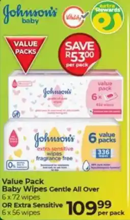 Dis-Chem Johnson's Value Pack Baby Wipes Gentle All Over OR Extra Sensitive offer