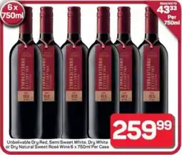 Pick n Pay Hypermarket Unbelivable Dry Red, Semi Sweet White, Dry White or Dry Natural Sweet Rosé Wine offer