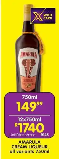 Shoprite AMARULA CREAM LIQUEUR all variants 750ml offer