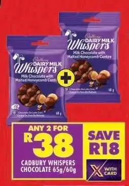 Shoprite CADBURY WHISPERS CHOCOLATE 65g/60g offer