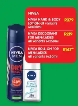 Shoprite NIVEA ROLL-ON FOR MEN/LADIES offer