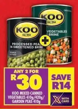 Shoprite KOO Mixed Canned Vegetables 410g/420g/Garden Peas 410g offer