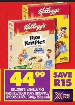 Shoprite Kellogg's Vanilla Rice Krispies/Coco Pops Original/Chocos Cereal 340g/350g each offer