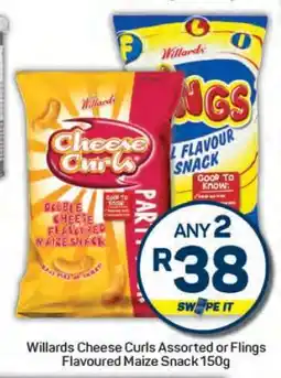 Pick n Pay Willards Cheese Curls Assorted or Flings Flavoured Maize Snack 150g offer