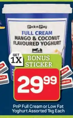 Pick n Pay Hypermarket PnP Full Cream or Low Fat Yoghurt Assorted 1kg offer