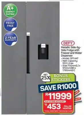 Pick n Pay Hypermarket Defy Metallic Side-by-Side Fridge with Freezer and Water Dispenser offer