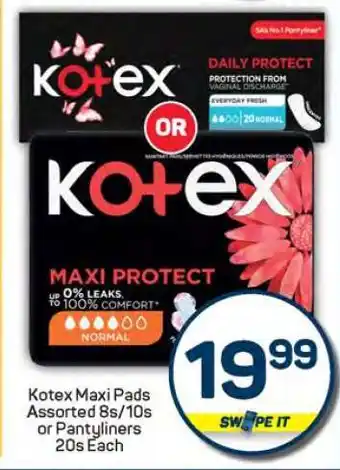 Pick n Pay Kotex Maxi Pads Assorted 8s/10s or Pantyliners 20s Each offer