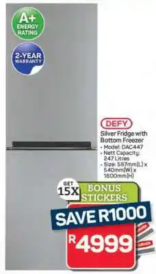 Pick n Pay Hypermarket Defy Silver Fridge with Bottom Freezer offer