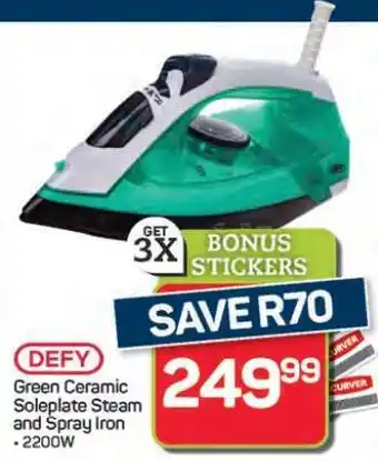 Pick n Pay Hypermarket DEFY Green Ceramic Soleplate Steam and Spray Iron offer