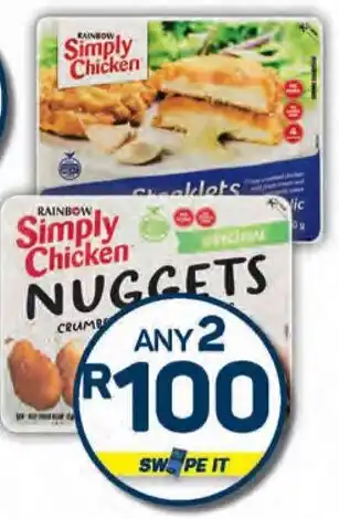 Pick n Pay Rainbow Simply Chicken Crumbed Burgers, Bites, Chickees, Fingers, Nuggets or Steaklets Assorted offer