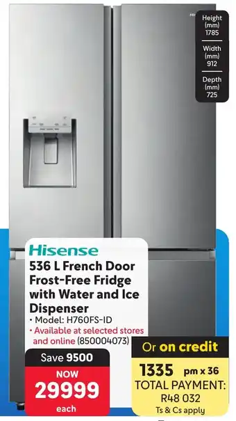 Makro Hisense French Door Frost-Free Fridge with Water and Ice Dispenser offer