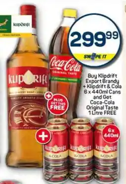 Pick n Pay Klipdrift Export Brandy + Klipdrift & Cola 6 x 440ml Cans offer