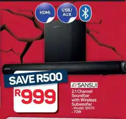 Pick n Pay Hypermarket SANSUI 2.1 Channel Soundbar with Wireless Subwoofer offer