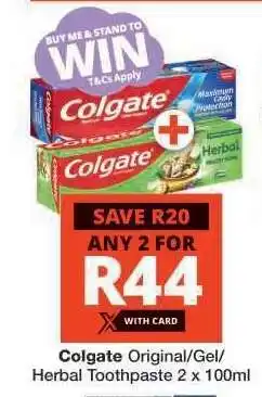 Checkers Colgate Original/Gel/Herbal Toothpaste 2 x 100ml offer