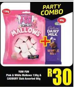 Boxer YUM FUN Pink & White Mallows 130g & CADBURY Slab Assorted 80g offer