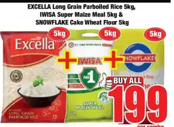 Boxer EXCELLA Long Grain Parboiled Rice 5kg, IWISA Super Maize Meal 5kg & SNOWFLAKE Cake Wheat Flour 5kg offer