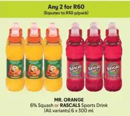 Makro MR. ORANGE 6% Squash or RASCALS Sports Drink offer