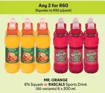 Makro MR. ORANGE 6% Squash or RASCALS Sports Drink offer