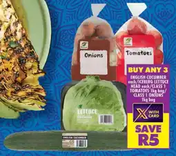 Shoprite English cucumber/ iceberg lettuce head/ class 1 tomatoes/ class 1 onions offer
