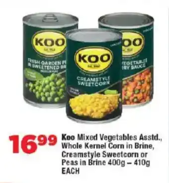 OK Foods Koo Mixed Vegetables Asstd., Whole Kernel Corn in Brine, Creamstyle Sweetcorn or Peas in Brine offer