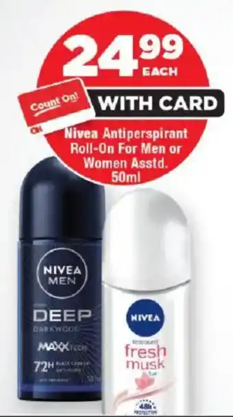 OK Foods Nivea Antiperspirant Roll-On For Men or Women Asstd. offer
