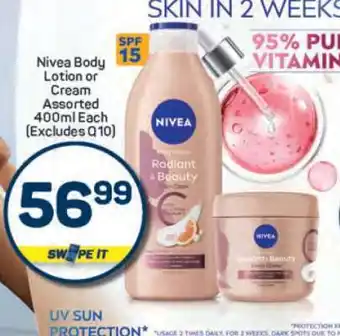 Pick n Pay Nivea Body Lotion or Cream Assorted 400ml Each (Excludes Q10) offer