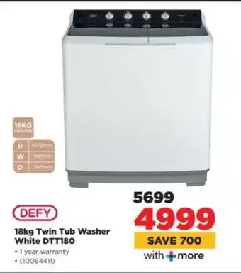 HiFi Corp DEFY 18kg Twin Tub Washer White DTT180 offer