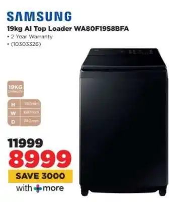HiFi Corp Samsung 19kg AI Top Loader WA80F19S8BFA offer
