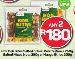 Pick n Pay Hypermarket PnP Bok Bites Salted or Peri Peri Cashews, Salted Mixed Nuts or Mango Strips offer