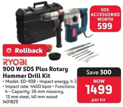 Makro RYOBI 900 W SDS Plus Rotary Hammer Drill Kit offer
