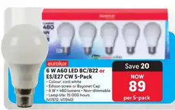 Makro Eurolux 6 W A60 LED BC/ B22 or ES/E27 CW offer