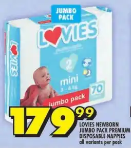 Shoprite Lovies newborn jumbo pack premium disposable nappies offer