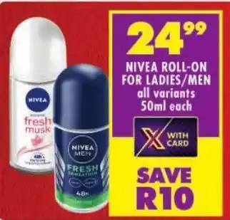 Shoprite Nivea roll-on for ladies/men offer
